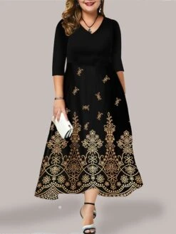 Women's Plus Size Curve Casual Dress Swing Dress Floral Long Dress Maxi Dress 3/4 Length Sleeve Pocket Print V Neck Fashion Outdoor Black Yellow Fall Winter L XL XXL 3XL 4XL -HAYz Clothing Shop ajgyit1694574641073