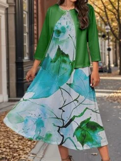 Women's Two Piece Dress Set Casual Dress Swing Dress Outdoor Office Fashion Streetwear Print Midi Dress Crew Neck 3/4 Length Sleeve Leaf Regular Fit Yellow Green Gray Fall Winter S M L XL XXL -HAYz Clothing Shop ajiloy1697783000822