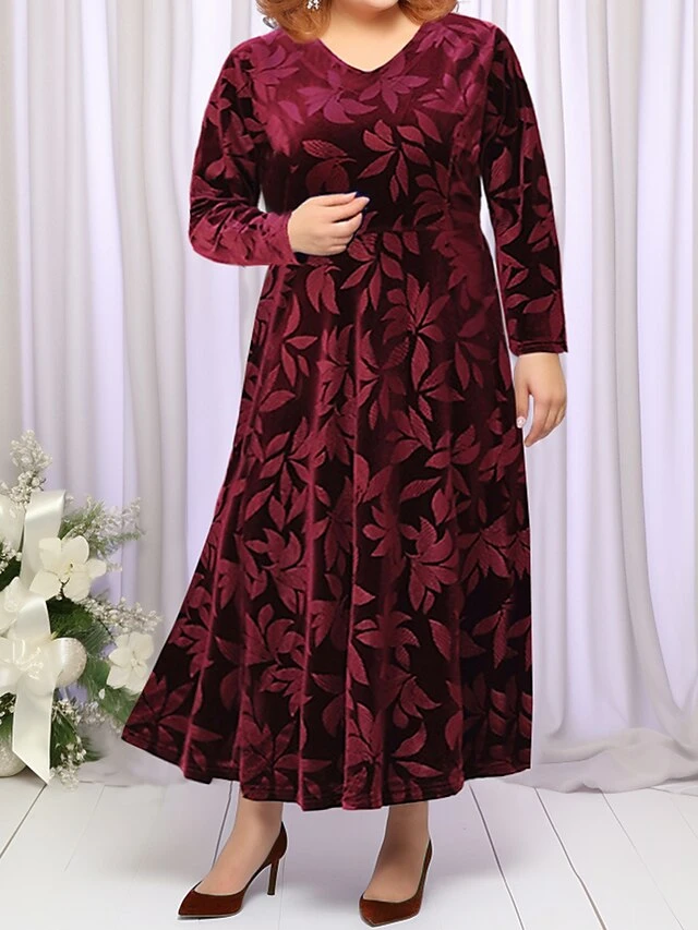Women's Plus Size Party Dress Velvet Dress Cocktail Dress Midi Dress Black Wine Purple Long Sleeve Leaf Pocket Spring Fall Winter V Neck Fashion Winter Dress Wedding Guest Birthday Loose Fit 2023 XL 2 Women's Plus Size Party Dress Velvet Dress Cocktail Dress Midi Dress Black Wine Purple Long Sleeve Leaf Pocket Spring Fall Winter V Neck Fashion Winter Dress Wedding Guest Birthday Loose Fit 2023 XL - Image 2