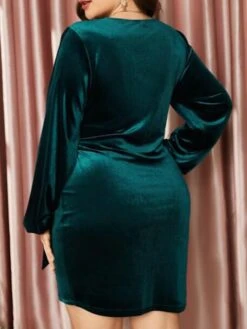 Women's Plus Size Curve Party Dress Velvet Dress Cocktail Dress Mini Dress Green Long Sleeve Pure Color Lace Up Spring Fall Winter V Neck Fashion Winter Dress Birthday Wedding Guest L XL XXL 3XL 4XL -HAYz Clothing Shop ajkgda1692684577730
