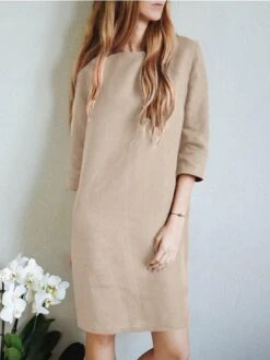 Women's Casual Dress Cotton Linen Dress Shift Dress Midi Dress Linen / Cotton Blend Basic Classic Outdoor Daily Vacation Crew Neck Basic 3/4 Length Sleeve Summer Spring Fall 2023 Loose Fit Red Blue -HAYz Clothing Shop ajmgvt1690357257360