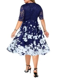 Women‘s Plus Size Curve Party Dress Floral V Neck Lace Half Sleeve Fall Spring Work Vintage Midi Dress Daily Vacation Dress Homecoming Dress Print -HAYz Clothing Shop ajpfxg1615976580513