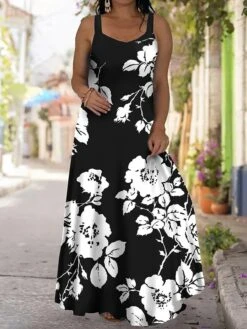 Women‘s Plus Size Curve Casual Dress Strap Dress Floral Long Dress Maxi Dress Sleeveless Print Strap Fashion Outdoor Black White Summer Spring L XL XXL 3XL 4XL