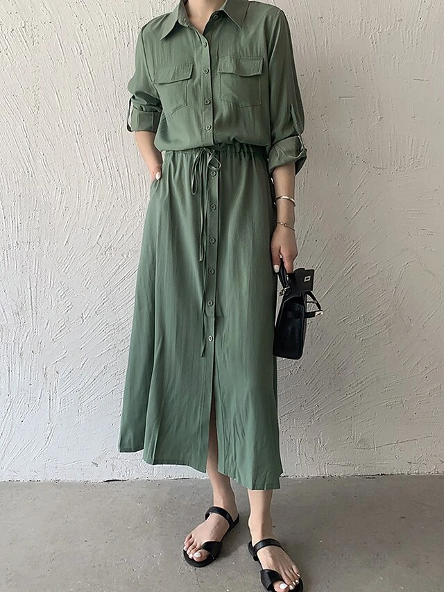 Women's Shirt Dress Casual Dress Maxi Long Dress Outdoor Daily Date Polyester Fashion Classic Shirt Collar Button Pocket Long Sleeve Fall Winter 2023 Loose Fit ArmyGreen Black Brown Pure Color S M L 1 Women's Shirt Dress Casual Dress Maxi Long Dress Outdoor Daily Date Polyester Fashion Classic Shirt Collar Button Pocket Long Sleeve Fall Winter 2023 Loose Fit ArmyGreen Black Brown Pure Color S M L