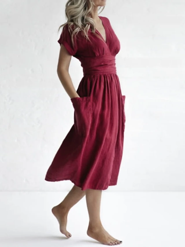 Women's Casual Dress Cotton Linen Dress A Line Dress Midi Dress Polyester Fashion Street Style Outdoor Daily Date V Neck Pocket Strappy Short Sleeve Summer Spring 2023 Regular Fit Pink Wine Brown 2 Women's Casual Dress Cotton Linen Dress A Line Dress Midi Dress Polyester Fashion Street Style Outdoor Daily Date V Neck Pocket Strappy Short Sleeve Summer Spring 2023 Regular Fit Pink Wine Brown - Image 2