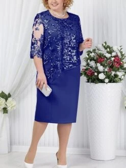 Women's Plus Size Party Dress Shift Dress Semi Formal Dress Midi Dress Red Blue Light Blue Half Sleeve Paisley Lace Summer Spring Fall Crew Neck Elegant Wedding Guest Spring Dress 2023 L XL XXL 3XL -HAYz Clothing Shop akfpjd1557916587874
