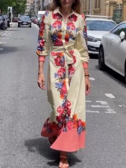 Women's Shirt Dress Casual Dress Cotton Linen Dress Maxi Long Dress Polyester Fashion Modern Outdoor Daily Vacation Shirt Collar Lace Up Button Long Sleeve Summer Spring Fall 2023 Loose Fit Red Floral -HAYz Clothing Shop akkivh1690515221071