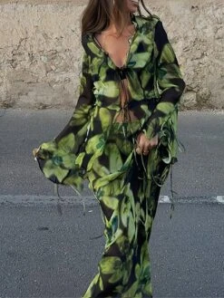 Women's Two Piece Dress Set Casual Dress Skirt Set Daily Going Out Casual Drawstring Cut Out Long Dress Maxi Dress V Neck Long Sleeve Print Slim Green Fall S M L -HAYz Clothing Shop aklxgw1693374468098