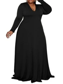 Women‘s Plus Size Curve Party Dress Solid Color V Neck Long Sleeve Winter Fall Elegant Maxi Long Dress Formal Party Dress