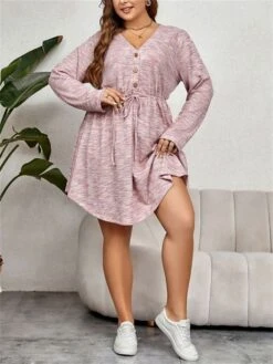 Women's Plus Size Curve Casual Dress Winter Dress Sheath Dress Plain Midi Dress Long Sleeve Lace Up Button V Neck Fashion Outdoor Pink Fall Winter XL XXL 3XL 4XL -HAYz Clothing Shop aknoma1695095531501