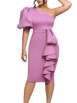 Women‘s Plus Size Curve Party Dress Solid Color One Shoulder Ruffle Short Sleeve Spring Fall Prom Dress Midi Dress Casual Daily Dress -HAYz Clothing Shop akprpg1657187566723