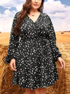Women's Plus Size Curve Work Dress Black Dress Semi Formal Dress Fashion Midi Dress Print V Neck Long Sleeve Polka Dot Regular Fit Black Fall Winter L XL XXL 3XL 4XL -HAYz Clothing Shop alcxpg1693300612496