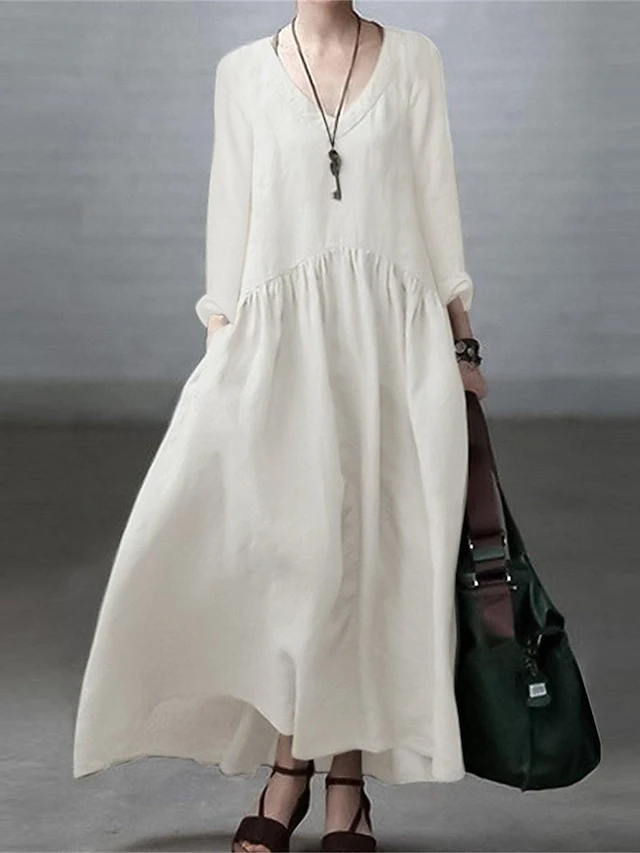 Women's Casual Dress Cotton Dress Swing Dress Maxi Long Dress Cotton Basic Classic Outdoor Daily Vacation V Neck Ruched Long Sleeve Spring Fall Winter 2023 Loose Fit ArmyGreen Black White Plain S M L 3 Women's Casual Dress Cotton Dress Swing Dress Maxi Long Dress Cotton Basic Classic Outdoor Daily Vacation V Neck Ruched Long Sleeve Spring Fall Winter 2023 Loose Fit ArmyGreen Black White Plain S M L - Image 3