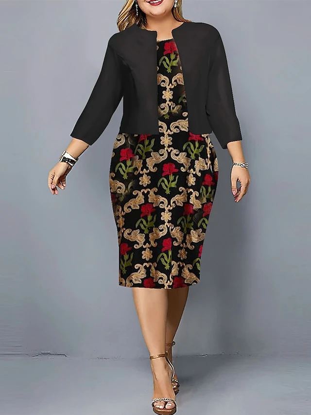 Women's Plus Size Curve Casual Dress Dress Set Two Piece Dress Floral Midi Dress Long Sleeve Print Crew Neck Fashion Outdoor Black Red Fall Winter L XL XXL 3XL 4XL 2 Women's Plus Size Curve Casual Dress Dress Set Two Piece Dress Floral Midi Dress Long Sleeve Print Crew Neck Fashion Outdoor Black Red Fall Winter L XL XXL 3XL 4XL - Image 2