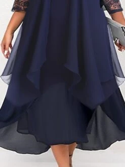 Women‘s Plus Size Curve Work Dress Chiffon Dress Swing Dress Solid Color Long Dress Maxi Dress 3/4 Length Sleeve Lace Layered V Neck Fashion Outdoor Wine Dark Blue Summer Spring L XL XXL 3XL 4XL -HAYz Clothing Shop alpqyd1676286097148
