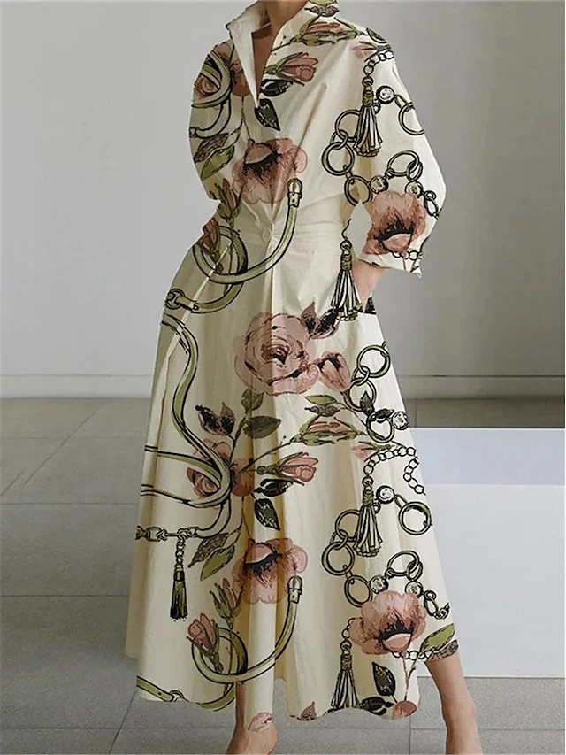 Women's Shirt Dress Casual Dress Swing Dress Maxi Long Dress Outdoor Office Daily Polyester Fashion Modern Shirt Collar Button Pocket Long Sleeve Spring Fall Winter 2023 Loose Fit White Apricot Floral 2 Women's Shirt Dress Casual Dress Swing Dress Maxi Long Dress Outdoor Office Daily Polyester Fashion Modern Shirt Collar Button Pocket Long Sleeve Spring Fall Winter 2023 Loose Fit White Apricot Floral - Image 2