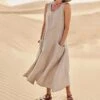 Women‘s Casual Dress Cotton Dress Shift Dress Midi Dress Blue Pink Khaki Sleeveless Pure Color Pocket Spring Summer Crew Neck Basic Daily Vacation Weekend Loose Fit 2023 S M L XL XXL