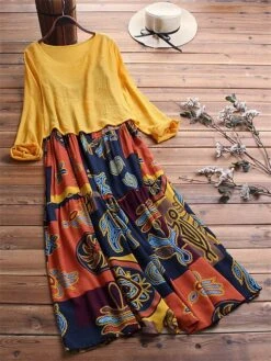 Women's Two Piece Dress Set Casual Dress Print Dress Daily Going Out Basic Ethnic Ruched Patchwork Midi Dress Crew Neck Long Sleeve Graphic Tribal Loose Fit Yellow Blue Fuchsia Summer Spring M L XL