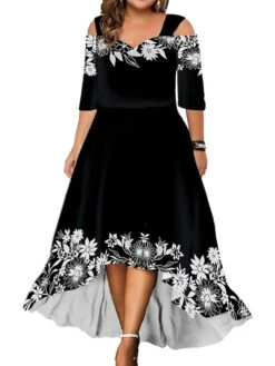 Women‘s Plus Size Curve Party Dress Wedding Guest Dress Swing Dress Long Dress Maxi Dress Black Blue Purple 3/4 Length Sleeve Floral Cold Shoulder Summer Spring Fall V Neck Fashion Birthday -HAYz Clothing Shop alyteu1690428447179