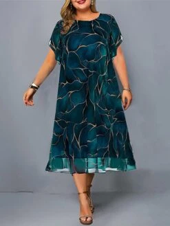 Women‘s Plus Size Curve Casual Dress Satin Dress Floral Midi Dress Short Sleeve Print Crew Neck Fashion Outdoor Green Summer Spring L XL XXL 3XL 4XL