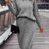 Women's Two Piece Dress Set Casual Dress Skirt Set Outdoor Daily Fashion Streetwear Ribbed Midi Dress Stand Collar Long Sleeve Plain Loose Fit Khaki Gray Fall Winter S M L XL XXL