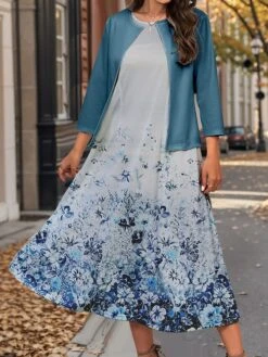 Women's Two Piece Dress Set Casual Dress Swing Dress Outdoor Office Fashion Streetwear Print Midi Dress Crew Neck 3/4 Length Sleeve Floral Regular Fit Navy Blue Royal Blue Blue Fall Winter S M L XL -HAYz Clothing Shop amnqkt1697786020943