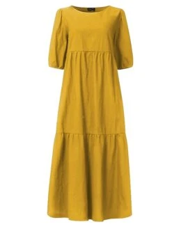 Women‘s Plus Size Curve Holiday Dress Solid Color Crew Neck Half Sleeve Fall Spring Casual Boho Maxi Long Dress Daily Vacation Dress Cotton -HAYz Clothing Shop amquae1631693695260