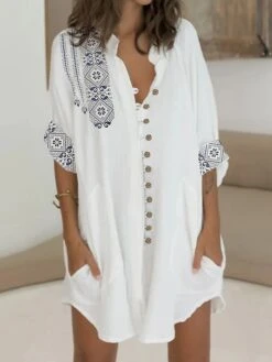 Women's Shirt Dress Casual Dress Cotton Dress Mini Dress Cotton Blend Ethnic Style Modern Outdoor Daily Shirt Collar Button Pocket Short Sleeve Summer Spring 2023 Loose Fit White Geometric Tribal S M