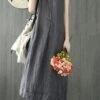 Women's Casual Dress Cotton Linen Dress Shift Dress Maxi Long Dress Cotton Blend Casual Daily Holiday Vacation Crew Neck Pocket Cold Shoulder Sleeveless Summer Spring 2023 Regular Fit Black Gray Pure