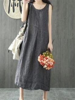 Women's Casual Dress Cotton Linen Dress Shift Dress Maxi Long Dress Cotton Blend Casual Daily Holiday Vacation Crew Neck Pocket Cold Shoulder Sleeveless Summer Spring 2023 Regular Fit Black Gray Pure