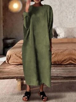 Women's Casual Dress Linen Dress Midi Dress Linen Classic Casual Outdoor Daily Vacation Crew Neck Ruched Long Sleeve Spring Fall Winter 2023 Loose Fit ArmyGreen Pink Blue Plain S M L XL 2XL -HAYz Clothing Shop amtrbt1692695194510