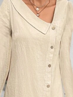 Women's Casual Dress Cotton Linen Dress A Line Dress Mini Dress Linen / Cotton Blend Fashion Classic Outdoor Daily Vacation V Neck Button Long Sleeve Fall Winter Autumn 2023 Loose Fit Khaki Plain S M -HAYz Clothing Shop amxdqx1692938221123