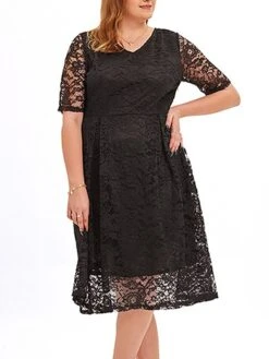 Women‘s Plus Size Curve Party Dress Lace Dress Cocktail Dress Midi Dress Black Pink Wine Half Sleeve Pure Color Lace Summer Spring Fall V Neck Fashion Birthday Wedding Guest Vacation 2023 -HAYz Clothing Shop amxpvz1691564493845