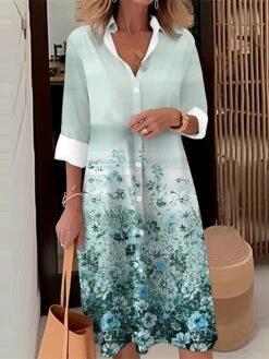Women's Shirt Dress Casual Dress Midi Dress Outdoor Daily Date Polyester Fashion Modern Shirt Collar Button Pocket Long Sleeve Fall Winter 2023 Loose Fit Blue Purple Green Floral S M L XL 2XL -HAYz Clothing Shop amycnp1695103250725
