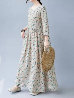 Women's Casual Dress Linen Dress Swing Dress Maxi Long Dress Linen Fashion Modern Outdoor Daily Holiday Crew Neck Print Long Sleeve Fall Winter Autumn 2023 Loose Fit Apricot Flower L XL 2XL -HAYz Clothing Shop amykdg1693553155499