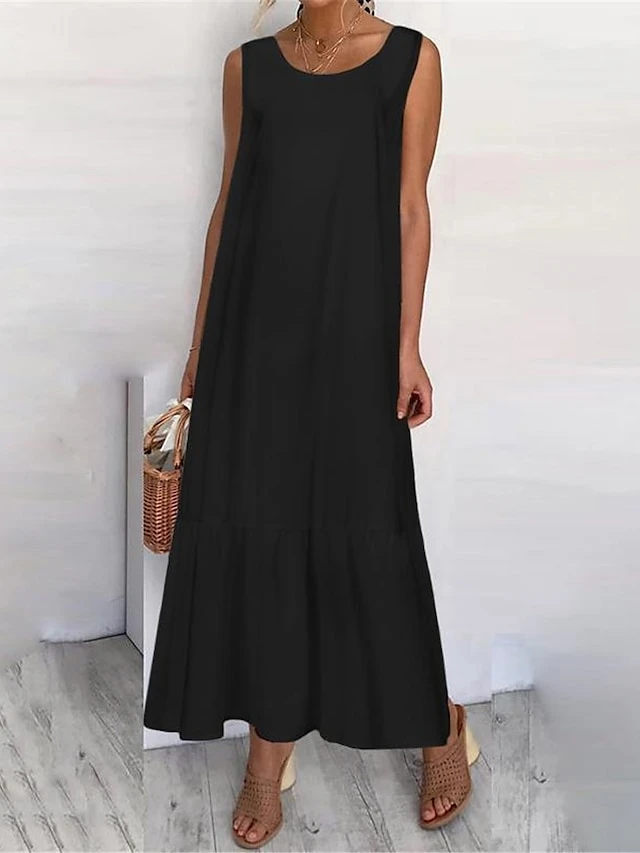 Women's Casual Dress Cotton Linen Dress Swing Dress Maxi Long Dress Linen / Cotton Blend Basic Classic Outdoor Daily Vacation Crew Neck Ruffle Sleeveless Summer Spring 2023 Regular Fit Black White 2 Women's Casual Dress Cotton Linen Dress Swing Dress Maxi Long Dress Linen / Cotton Blend Basic Classic Outdoor Daily Vacation Crew Neck Ruffle Sleeveless Summer Spring 2023 Regular Fit Black White - Image 2