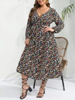 Women's Plus Size T Shirt Dress Casual Dress Floral Dress Floral Print V Neck Midi Dress Fashion Streetwear Outdoor Street Long Sleeve Loose Fit Rainbow Fall Winter XL XXL 3XL 4XL 5XL
