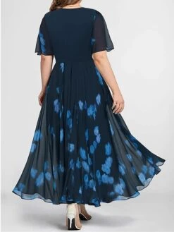 Women's Plus Size Curve Casual Dress Chiffon Dress Swing Dress Floral Long Dress Maxi Dress Short Sleeve Split Print V Neck Fashion Daily Blue Fall Winter L XL XXL 3XL 4XL -HAYz Clothing Shop antcxw1696838710482