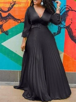 Women‘s Plus Size Curve Party Dress Swing Dress A Line Dress Solid Color Long Dress Maxi Dress Long Sleeve Pleated V Neck Elegant Party Black Yellow Fall Spring L XL XXL 3XL 4XL -HAYz Clothing Shop anvzpp1675151838883