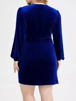 Women's Plus Size Curve Velvet Dress Casual Dress Winter Dress Solid Color Mini Dress Long Sleeve Ruched V Neck Fashion Outdoor Blue Fall Winter XL XXL 3XL -HAYz Clothing Shop anzpkk1697706488686
