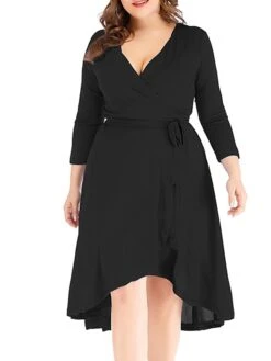 Women‘s Plus Size Curve Work Dress Semi Formal Dress Wrap Dress Fashion Midi Dress Lace Up V Neck Long Sleeve Plain Regular Fit Black Blue Spring Fall XL XXL 3XL 4XL 5XL -HAYz Clothing Shop aocxyd1691402322842