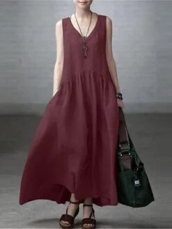 Women's Casual Dress Cotton Linen Dress A Line Dress Maxi Long Dress Cotton Blend Basic Modern Outdoor Daily V Neck Pocket Sleeveless Summer Spring 2023 Regular Fit ArmyGreen Black Yellow Pure Color -HAYz Clothing Shop aoddjv1682427095943