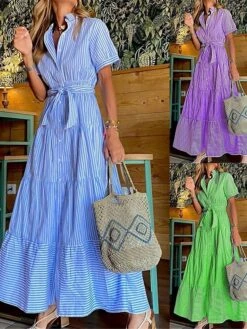 Women's Shirt Dress Casual Dress Swing Dress Maxi Long Dress Outdoor Daily Vacation Polyester Fashion Modern Shirt Collar Ruffle Button Short Sleeve Summer Spring 2023 Regular Fit Blue Purple Green
