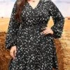 Women's Plus Size Curve Work Dress Black Dress Semi Formal Dress Fashion Midi Dress Print V Neck Long Sleeve Polka Dot Regular Fit Black Fall Winter L XL XXL 3XL 4XL