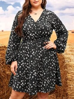 Women's Plus Size Curve Work Dress Black Dress Semi Formal Dress Fashion Midi Dress Print V Neck Long Sleeve Polka Dot Regular Fit Black Fall Winter L XL XXL 3XL 4XL