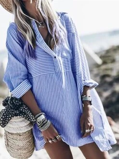 Women's Shirt Dress Casual Dress Mini Dress Outdoor Daily Vacation Polyester Fashion Modern Shirt Collar Button Pocket 3/4 Length Sleeve Spring Fall Winter 2023 Loose Fit Red Blue Striped S M L XL XXL -HAYz Clothing Shop aosxos1691648673651