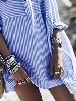 Women's Shirt Dress Casual Dress Mini Dress Outdoor Daily Vacation Polyester Fashion Modern Shirt Collar Button Pocket 3/4 Length Sleeve Spring Fall Winter 2023 Loose Fit Red Blue Striped S M L XL XXL -HAYz Clothing Shop aovgth1691648675351