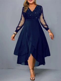 Women‘s Plus Size Curve Party Dress Lace Dress Black Dress Swing Dress Plain Long Dress Maxi Dress Long Sleeve Ruffle Mesh V Neck Fashion Party Wine Fall Winter L XL XXL 3XL 4XL -HAYz Clothing Shop aoyxiu1694584596365