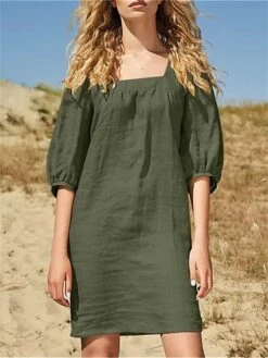 Women's Casual Dress Cotton Linen Dress Shift Dress Mini Dress Cotton Fashion Modern Outdoor Daily Vacation Square Neck Puff Sleeve Basic Half Sleeve Summer Spring Fall 2023 Regular Fit Blue Brown -HAYz Clothing Shop aoyypk1691144063815