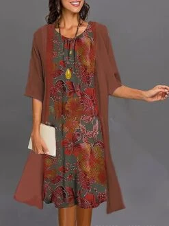 Women's Two Piece Dress Set Casual Dress Print Dress Outdoor Daily Fashion Elegant Print Midi Dress Crew Neck 3/4 Length Sleeve Floral Regular Fit Wine Navy Blue Blue Summer Spring S M L XL XXL -HAYz Clothing Shop aplqej1687920844073